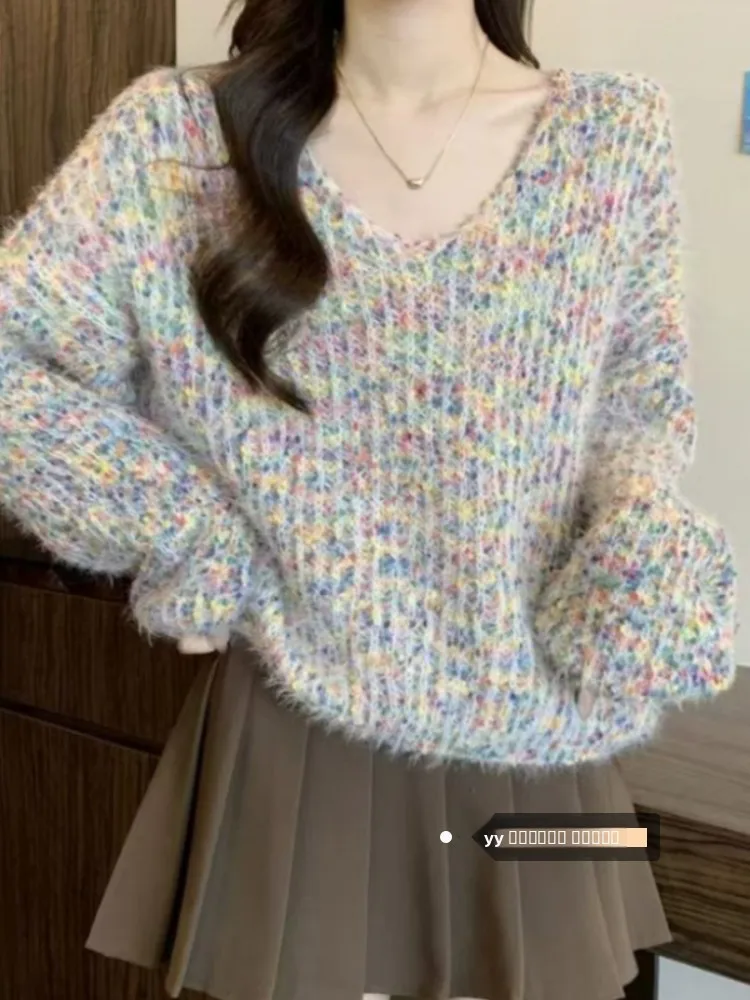 

Женский вязаный свитер с V-образным вырезом, свободный крой, большие размеры, весенняя новинка, укороченный ретро-топ, женская одежда