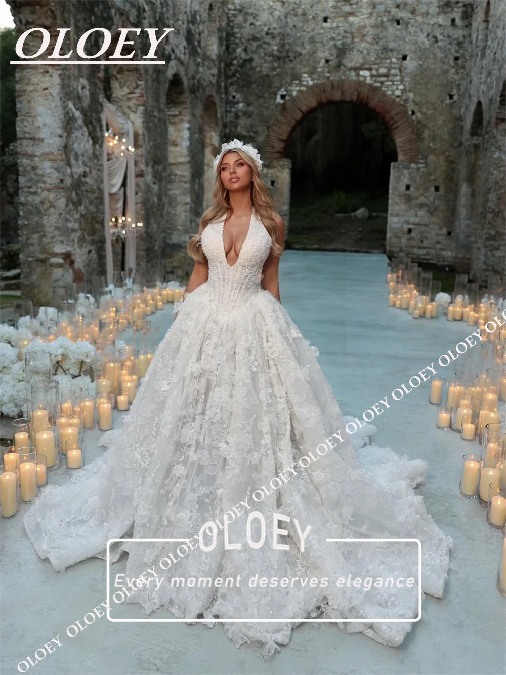 OLOEY Luxury 3d Flowers Beaded A-Line Wedding Dresses Deep V Neck Puffy Bridal Gown Customized Sweep Tail Vestidos De Novia