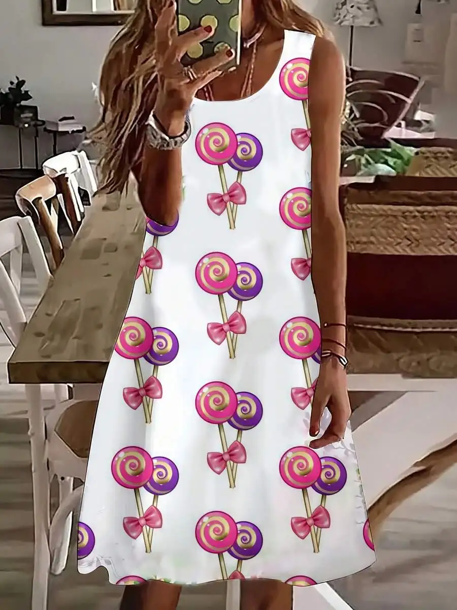 

Women Sleeveless Candy Lollipop Print Summer Party Dress