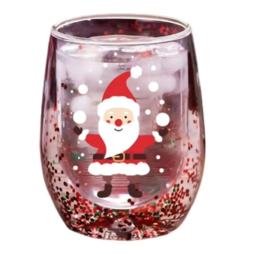300ml Coffee Mug Double Layer Glass Cup, Santa Claus Pattern Decor, Quicksand Sequins Clear Borosilicate Glass Cup