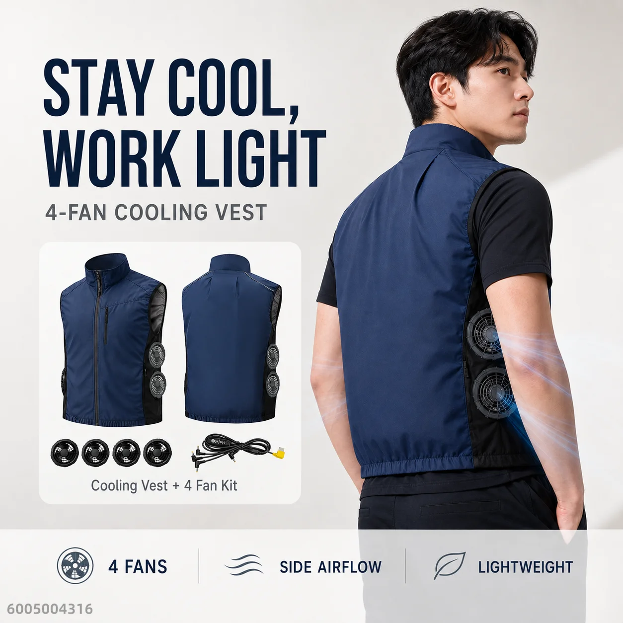 Men's USB 2/4-Fan Side Cooling Vest Lightweight Breathable Airflow Workwear for Fishing Hiking Outdoor Power Bank Not Included