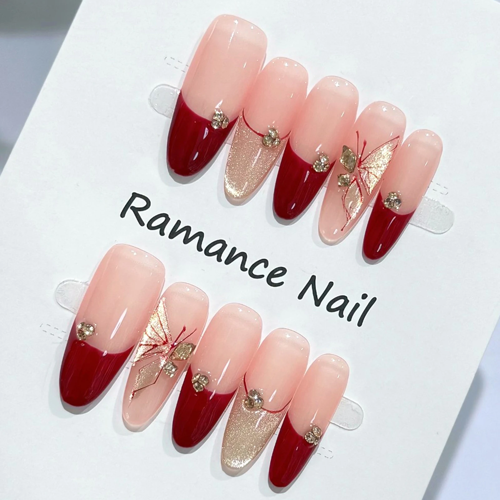 10pcs Reusable Press On Nails Elegant Burgundy Gold Butterfly Fake Nails for Party Wedding Events Luxury Cat Eye False Nail Tips