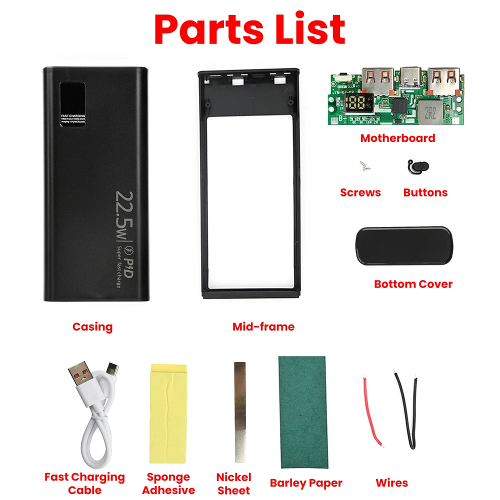 PD22.5W Batterie-Aufbewahrungsbox Schnellladung DIY Power 1260110 Powerbank-Gehäuse Elektronik-Kit – Detail 22