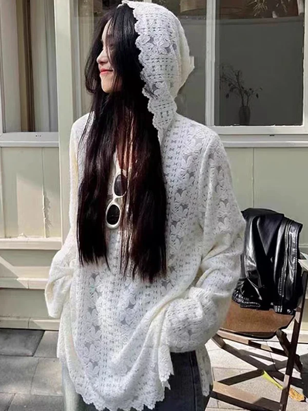 

Large Size Women's V-Ne Hooded Lace Knitwear Spring New Heavy Embroidery Floral Pattern Casual Top Quali Mid-Length Sve