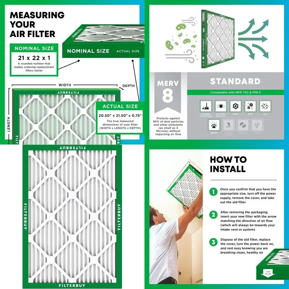 

6-Pack MERV 8 Pleated Air Filters for HVAC Systems - Dust & Allergy Reduction (Actual Size: 20.5 x 21.5 x 0.75)