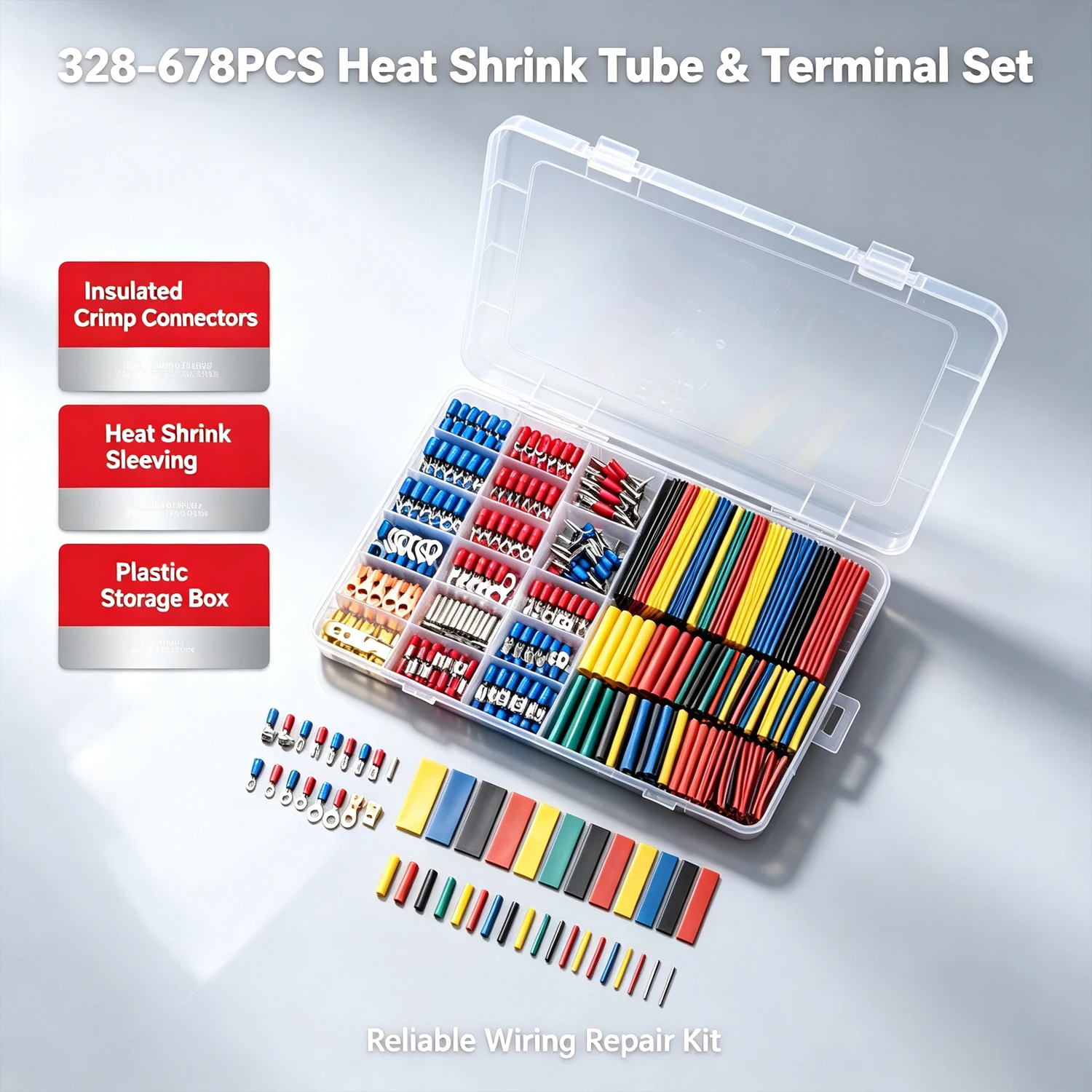 Automotive Wire Crimp Terminals & Heat Shrink Tubing Kit, Electrical Repair Assortment with Plastic Storage Box 328‑678Pcs