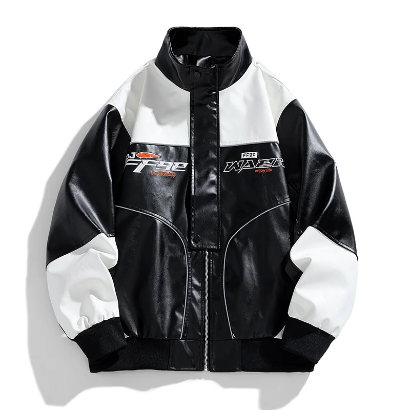 

Fashion Leather Jacket Men Motorcycle Biker Jacket Man Original Patchwork Coat Baggy Letter Embroidery Designer Clothes Red 2025