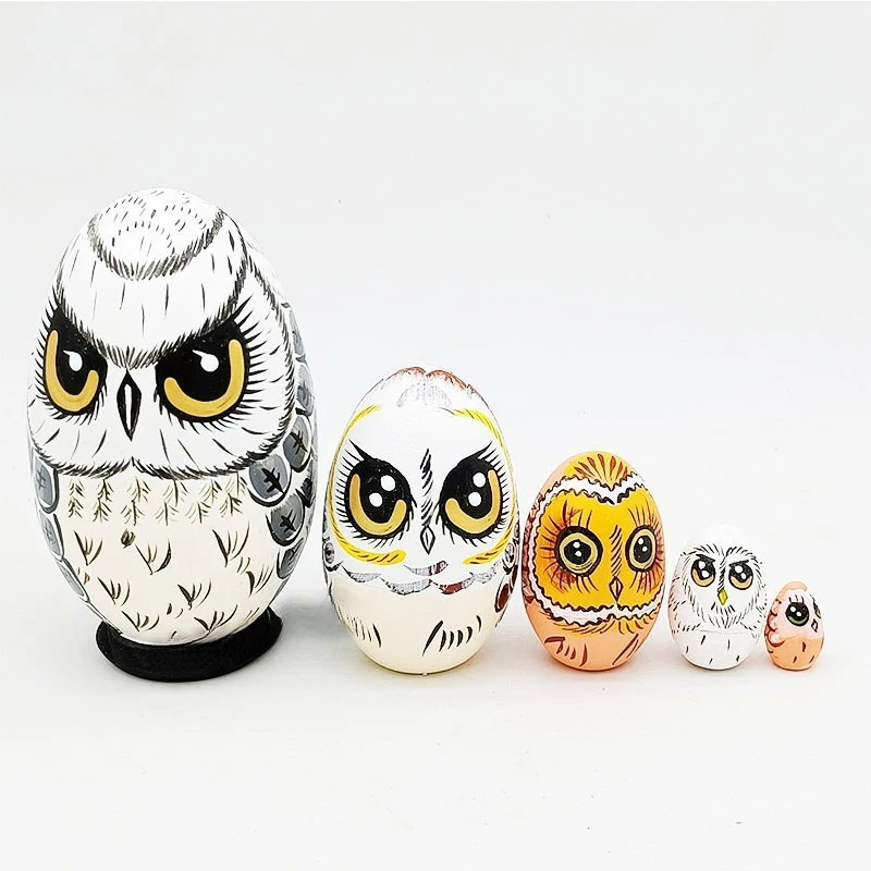 5 Pieces Wooden Owl Nesting Dolls Owl Russian Egg Ornament Rustic Design for Easter New Year Halloween