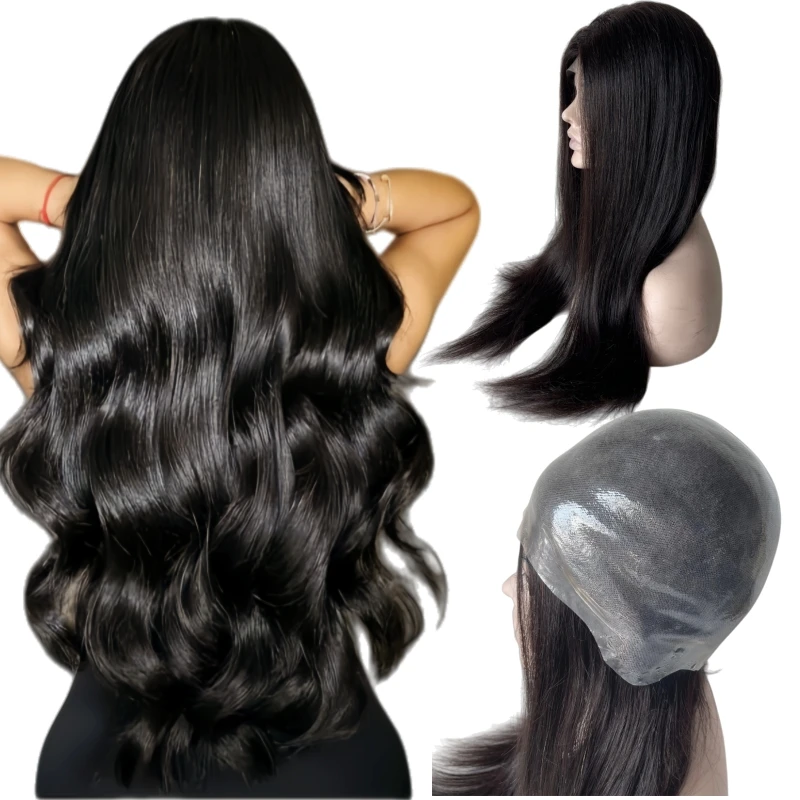Full PU Wig European Virgin Human Hair Silky Straight Natural Color for Black Woman