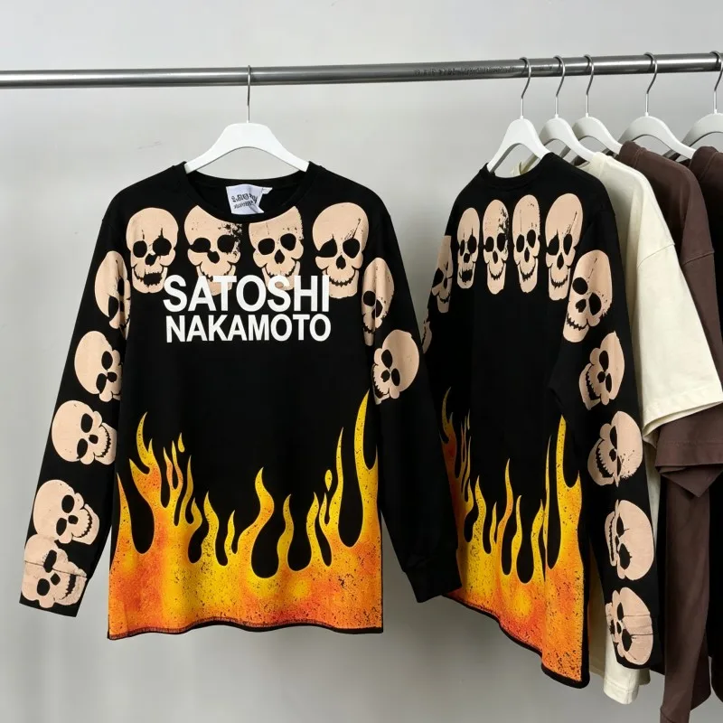 2XL Vintage Flame String Skull Print Washed Black Satoshi Long Sleeved Tshirts Men Women Round Neck Pullover Loose Street Outfit