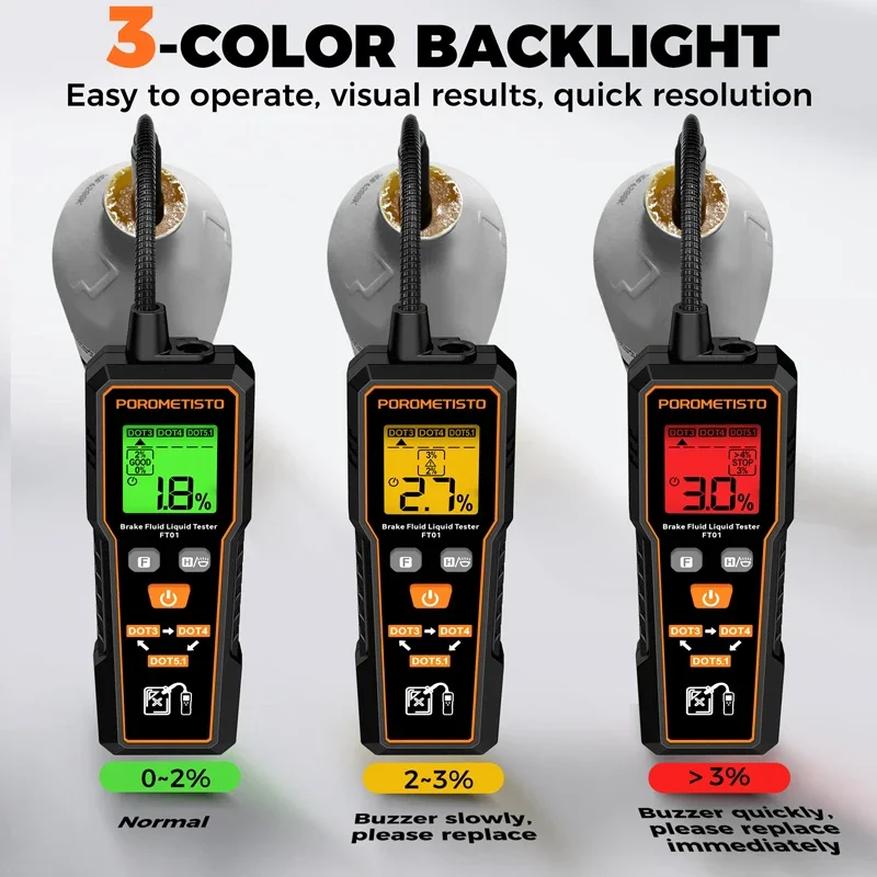 FT01 Brake Fluid Tester DOT3/DOT4/DOT5.1 Car Brake Oil Moisture Detector Backlight Flexible Probe 1.4" LCD Brake Oil Analyzer - view 5