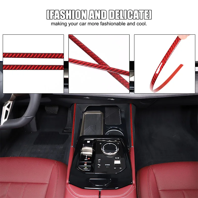 ل 2024 2025 BMW 5 سلسلة الأحمر التحكم المركزي الجانب شرائط الزخرفية لينة ألياف الكربون الملمس اكسسوارات السيارات الداخلية