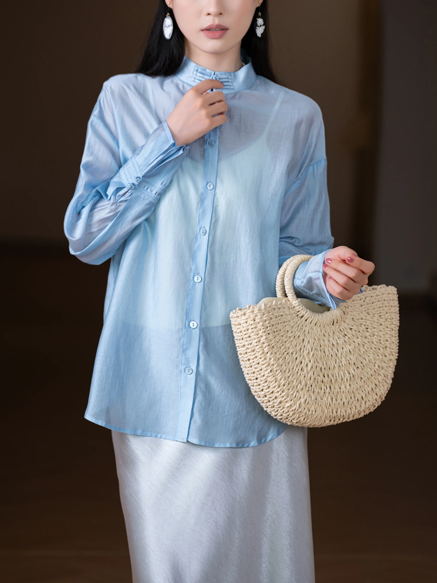 

Chinese Sle Women's irt Handmade Button Fine Branch Lyocell Stand Collar Traditional National Faion Summer Thin Long Sl...