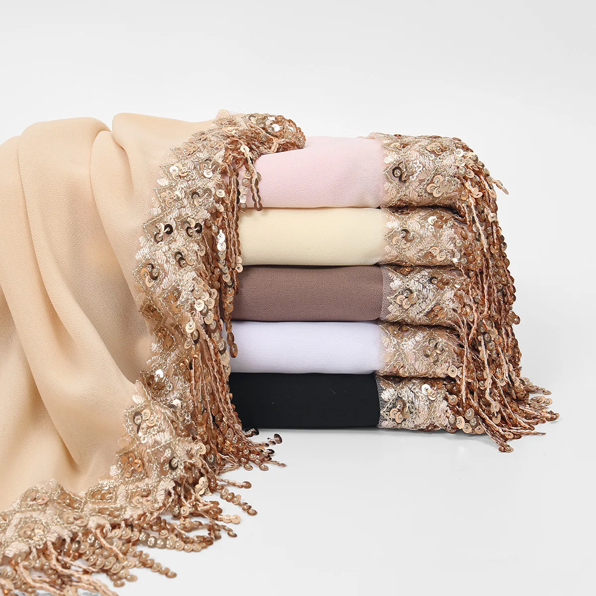 New Women Ethnic Chiffon Long Scarf With Sequins Tassels Fashion Lady Hijab Soft Headscarf Wrap All Match Outdoor Shawl Islamic