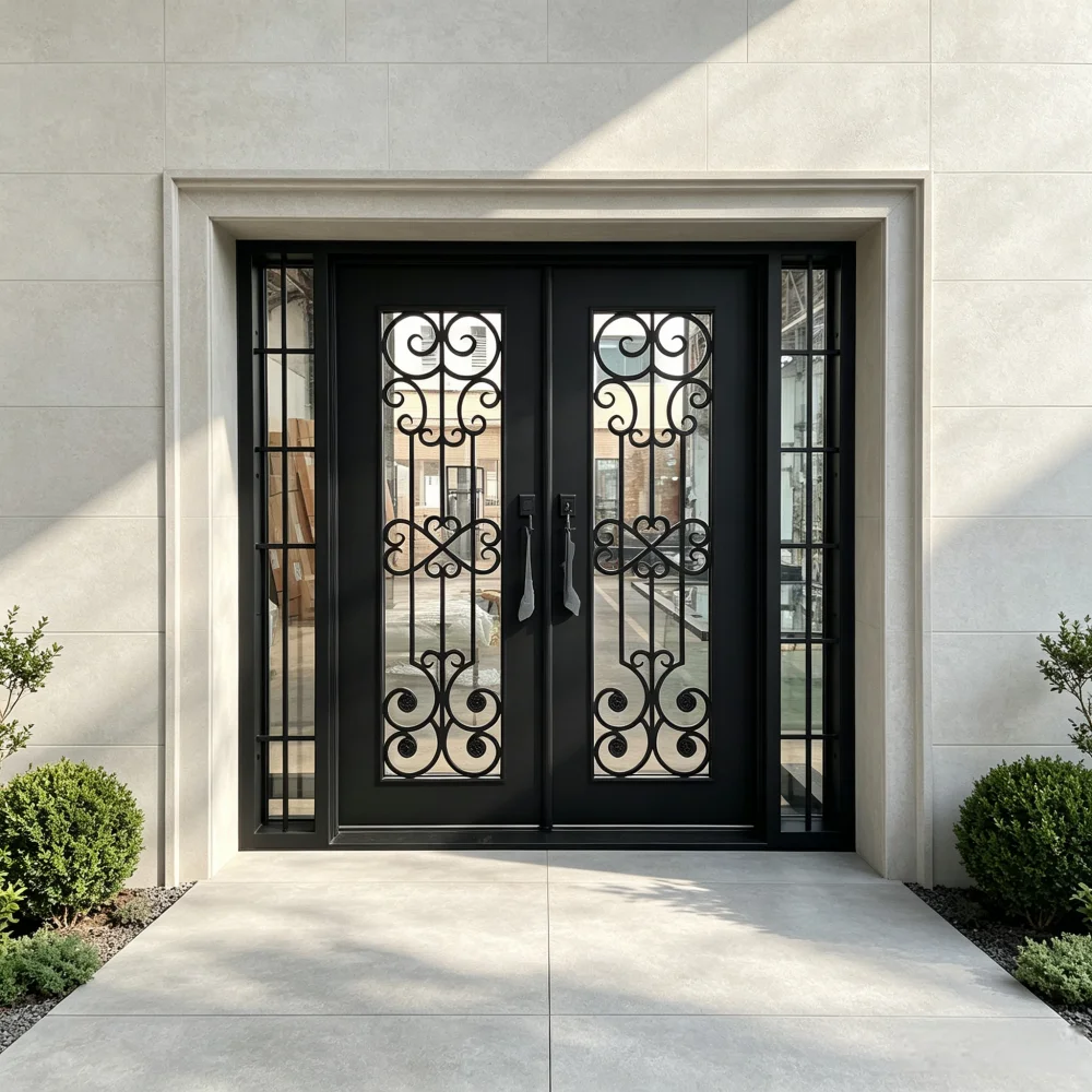 Custom Wrought Iron French Double Front Entry Doors Wholesale Customizable Soundproof Security Iron Exterior Entrance Doors