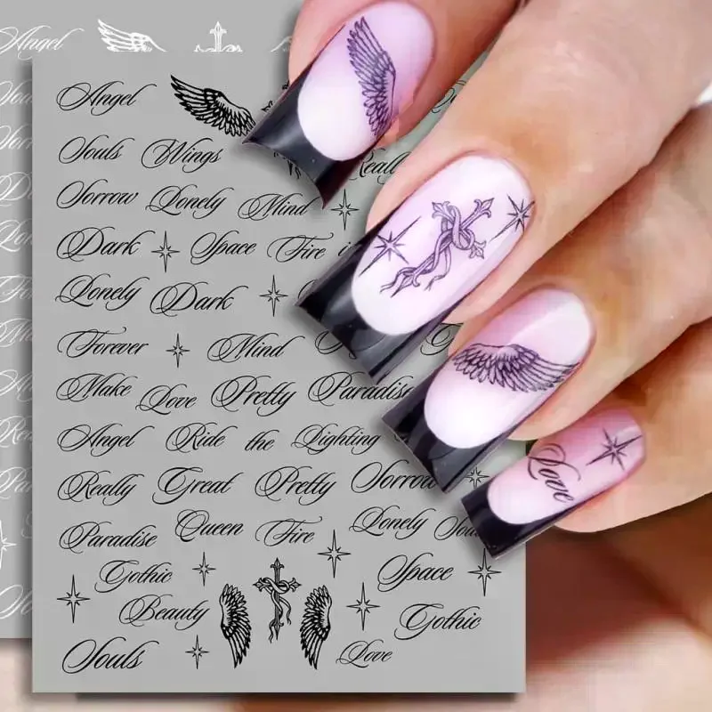 Black White Letter Words Nail Stickers Angel Wings Letter Mixed Designs Holographic Y2K Nail DIY Decorative Stickers