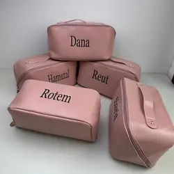 Saco de lavagem impermeável para mulheres, Saco de maquiagem personalizado de viagem PU, Nome personalizado, bordado, Presente personalizado da dama de honra