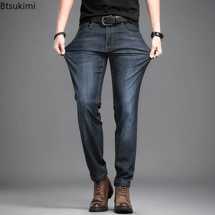 Spring New Men's Solid Regular Fit Jeans Business Fashion Classic Denim Stretch Straight Pants High Quality Casual Trousers Male