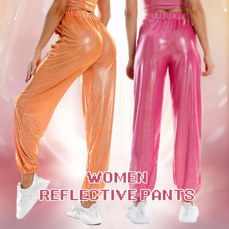 Pantalones de correr metalizados de cintura alta para mujer, pantalones reflectantes brillantes holográficos, pantalones sueltos de baile Hip Hop, ropa de calle