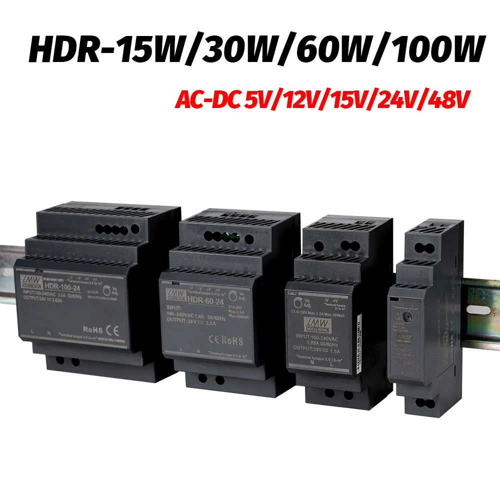 HDR-100W 60W 30W 15W Series DC 5V 12V 15V 24V 48V DIN Rail Install Switch Power Supply of Ultra Slim Step Shape