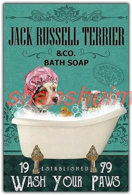 Retro Metal Tin Sign 8 X 12 Inches Jack Russell Terrier & Co. Bath Soaps Wash Your Paws Poster Print Vintage Retro Wall HAI