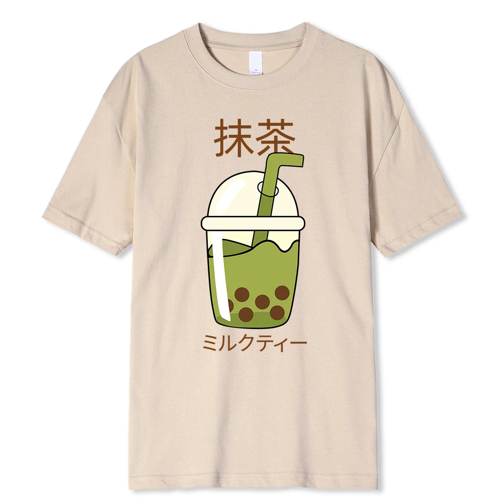 Matcha Flavored Pearl Drink Print Tops Men Fashion Crewneck Shirts Summer Loose Clothing Breathable Soft Cotton Oversize Tshirt