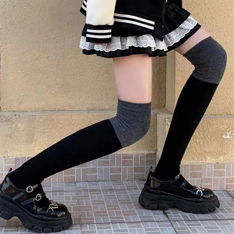 JK calze donna carino nero grigio cotone Lolita calze lunghe tinta unita calze al ginocchio moda Kawaii Cosplay calze di Nylon