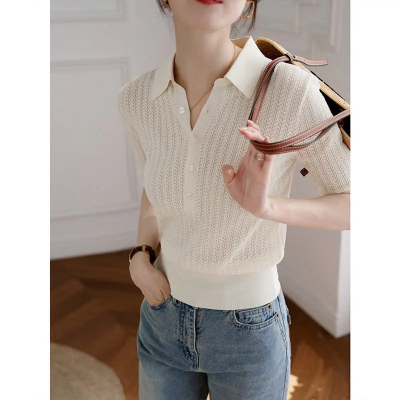 Spring and summer cashmere sweater V-neck short-sleeved t-shirt lapel knitted  cashmere bottoming top  shirts for women