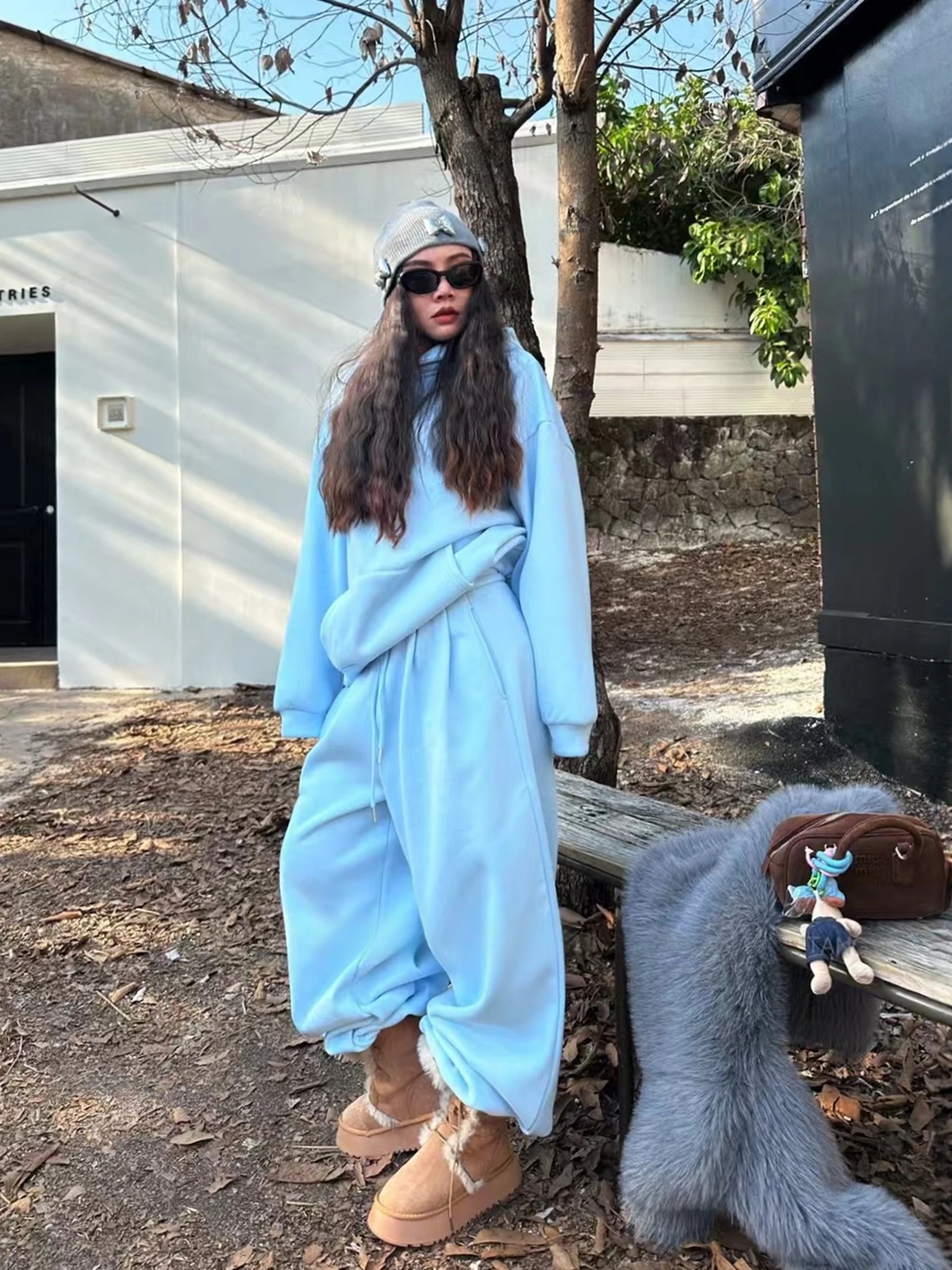 

Новая зимняя женская свободная толстовка с капюшоном и широкие брюки на подкладке, комплект из двух предметов, удобный дышащий уличный наряд