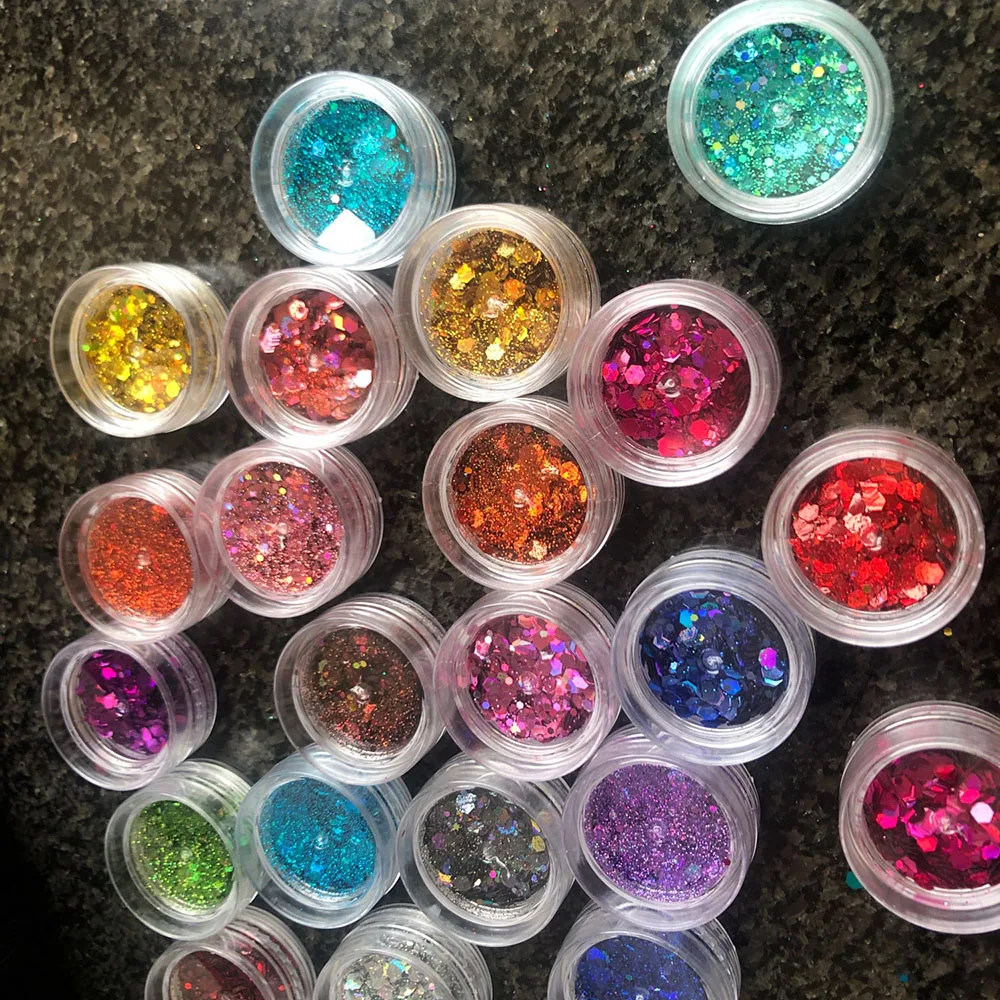 24Pcs Christmas Holographic Chunky Glitter Sequins 3g*24pcs Colorful Sparkly Hexagon Sequins 1*Set Mixed Color Manicure Sequis