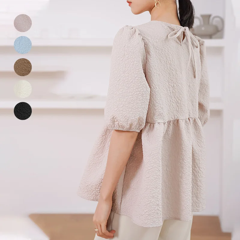 

Lotte New Product Japanese and Korean Style Summer Women's Top Round Neck Puff Sleeve Loose Pleated Shirt for Women