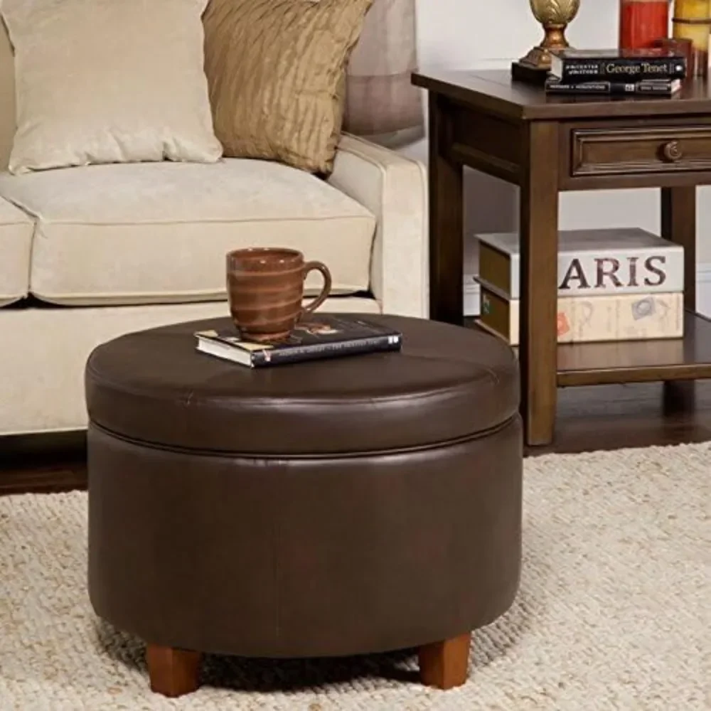 Footstool Round Leatherette Storage Ottoman with Lid, Brown Ottomans