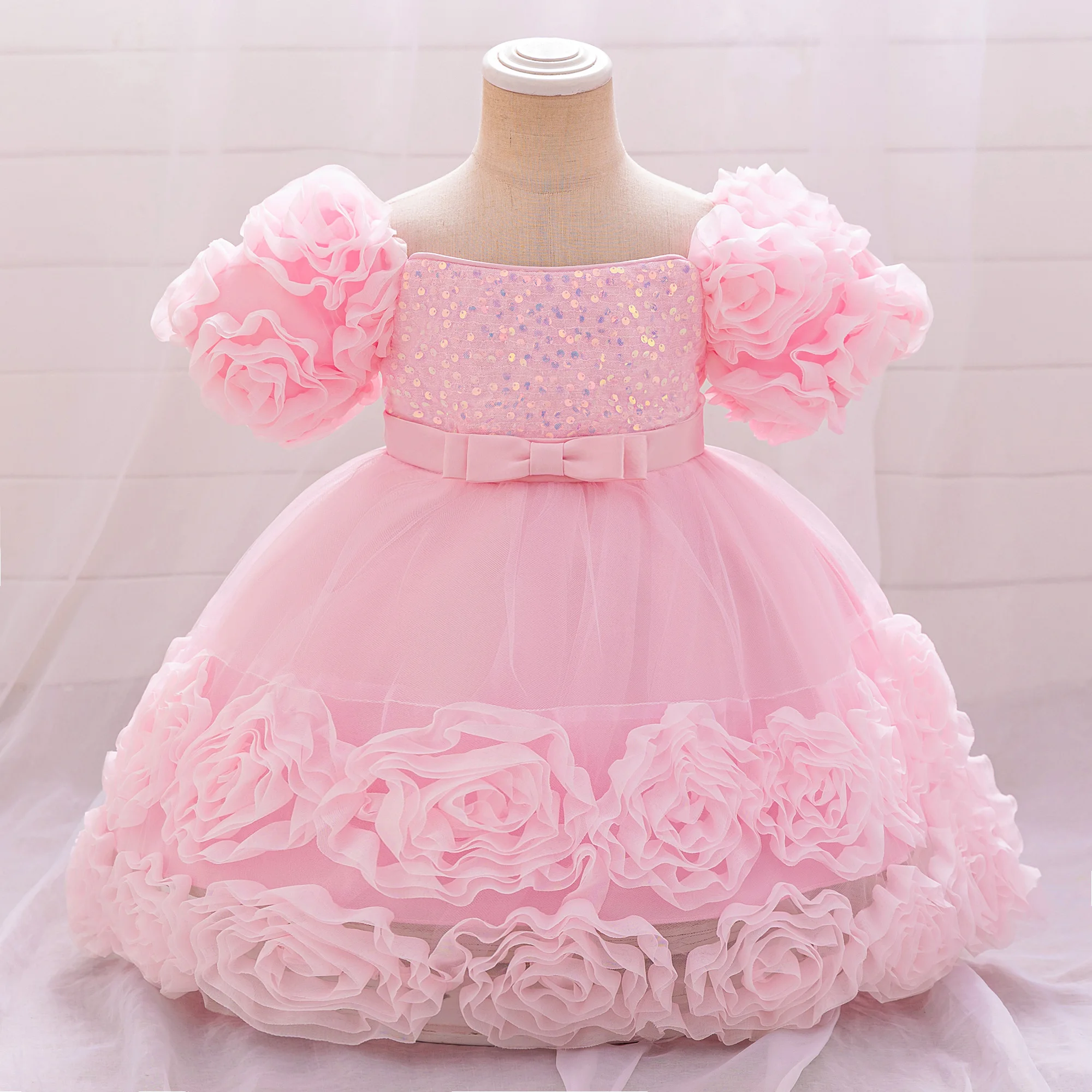 Baby Girl Sequin Flower Dresses Christmas Wedding Lace 1st Birthday Party Dress for Kids Toddler Children Formal Evening Costume