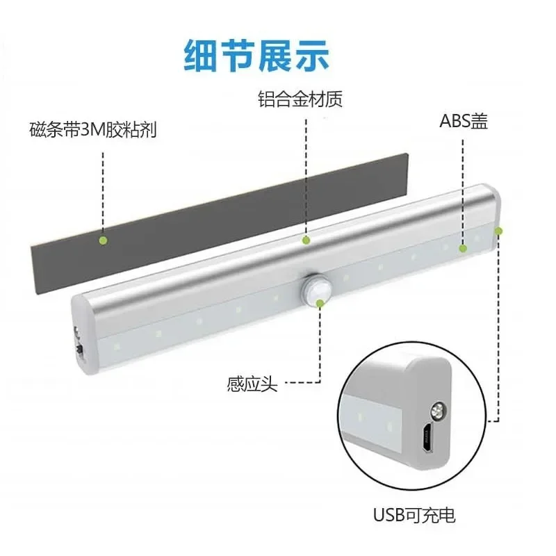 ワイヤレスLEDモーションセンサー,ナイトライト,USB,キッチン,ベッドルーム,ワードローブ