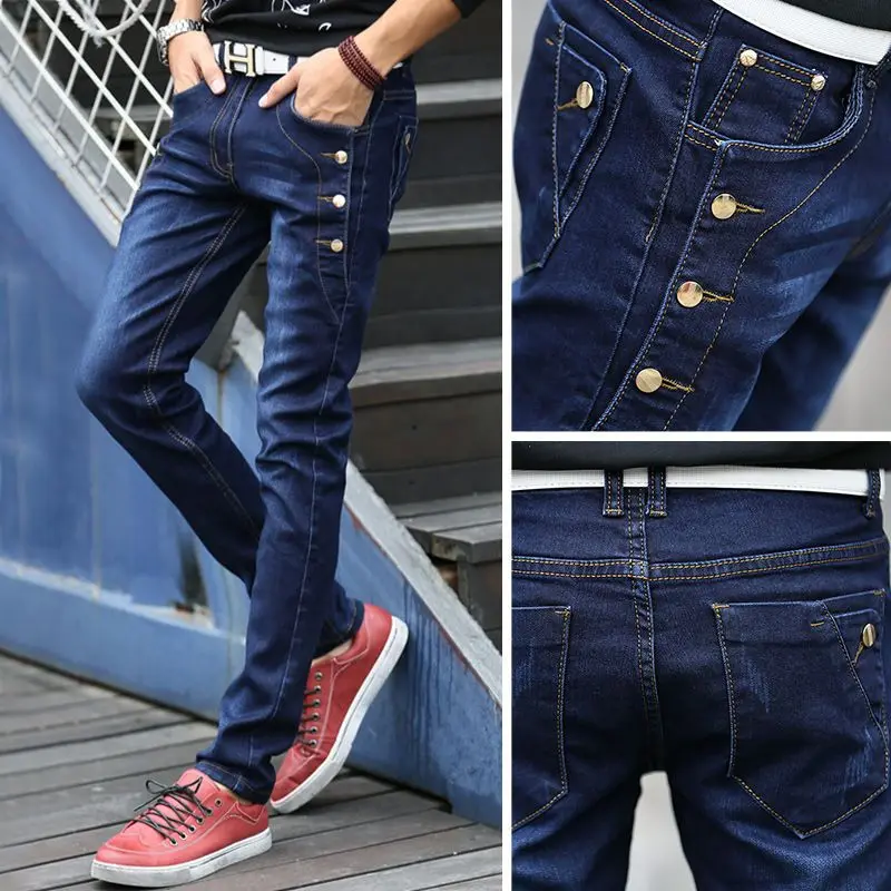 Men's Casual Denim Slim Jeans 2024 Autumn Winter Warm Velvet Button Designer Korean Style Clothes High Quality Streetwear Pants