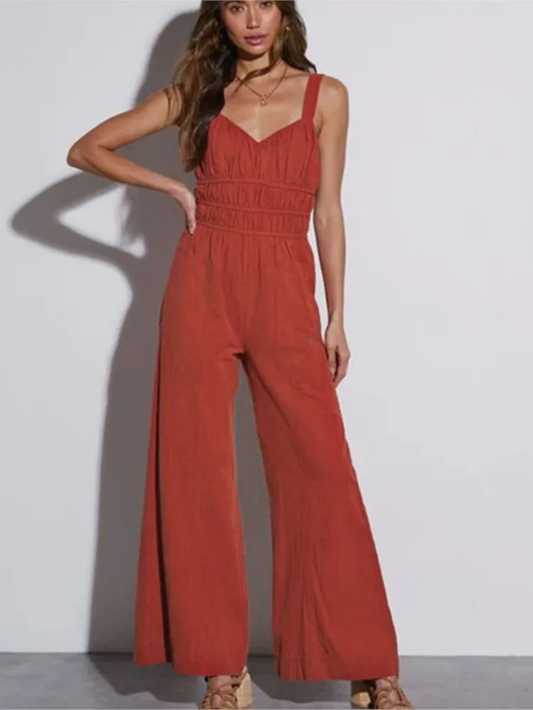 Women's Summer Jumpsuits Sexy Backless Strap V-neck High Waist Beach Vacation Fashion Wide Leg Pants Casual Women  Jumpsuits