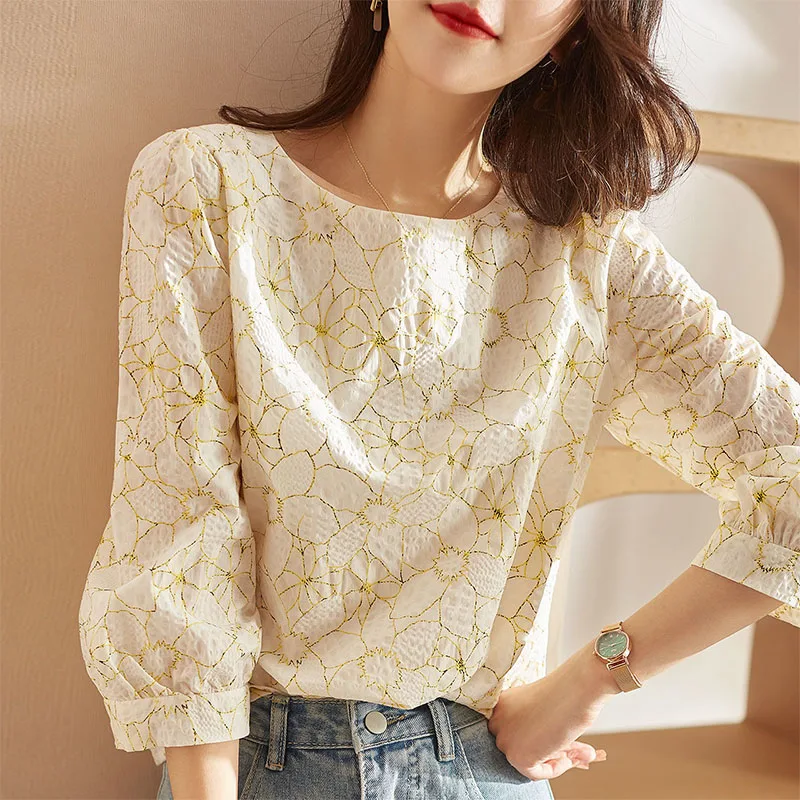 2024 Summer New Elegant Women Floral Print Shirt Round Neck Fashion Jacquard 3/4 Lantern Sleeve All-match Blouse Female Clothing