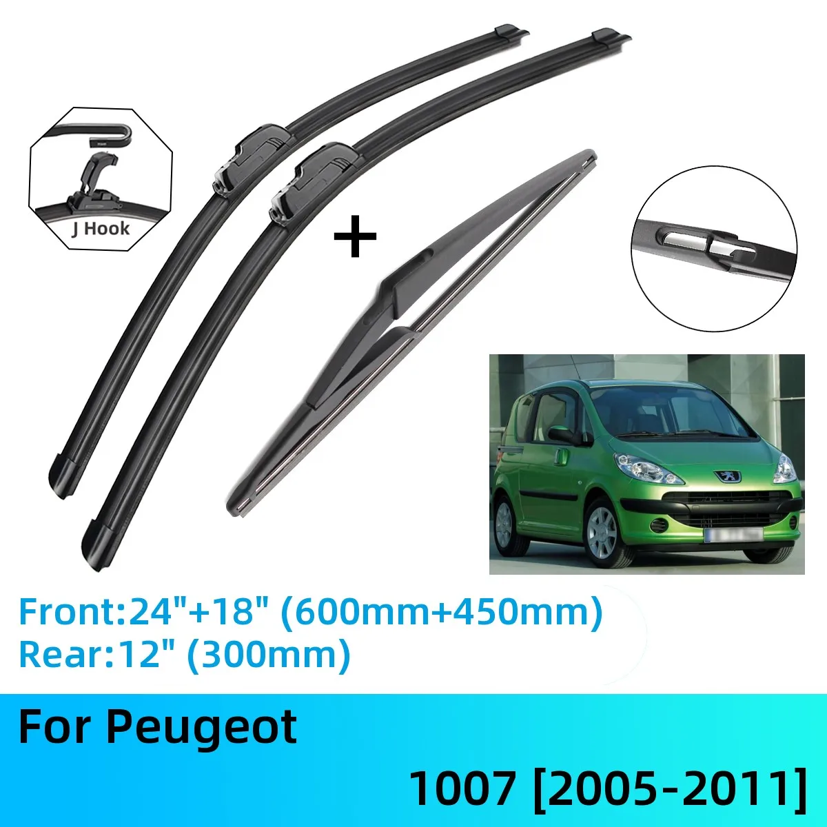 

For Peugeot 1007 Front Rear Wiper Blades Brushes Cutter Accessories J U Hook 2005-2011 2005 2006 2007 2008 2009 2010 2011