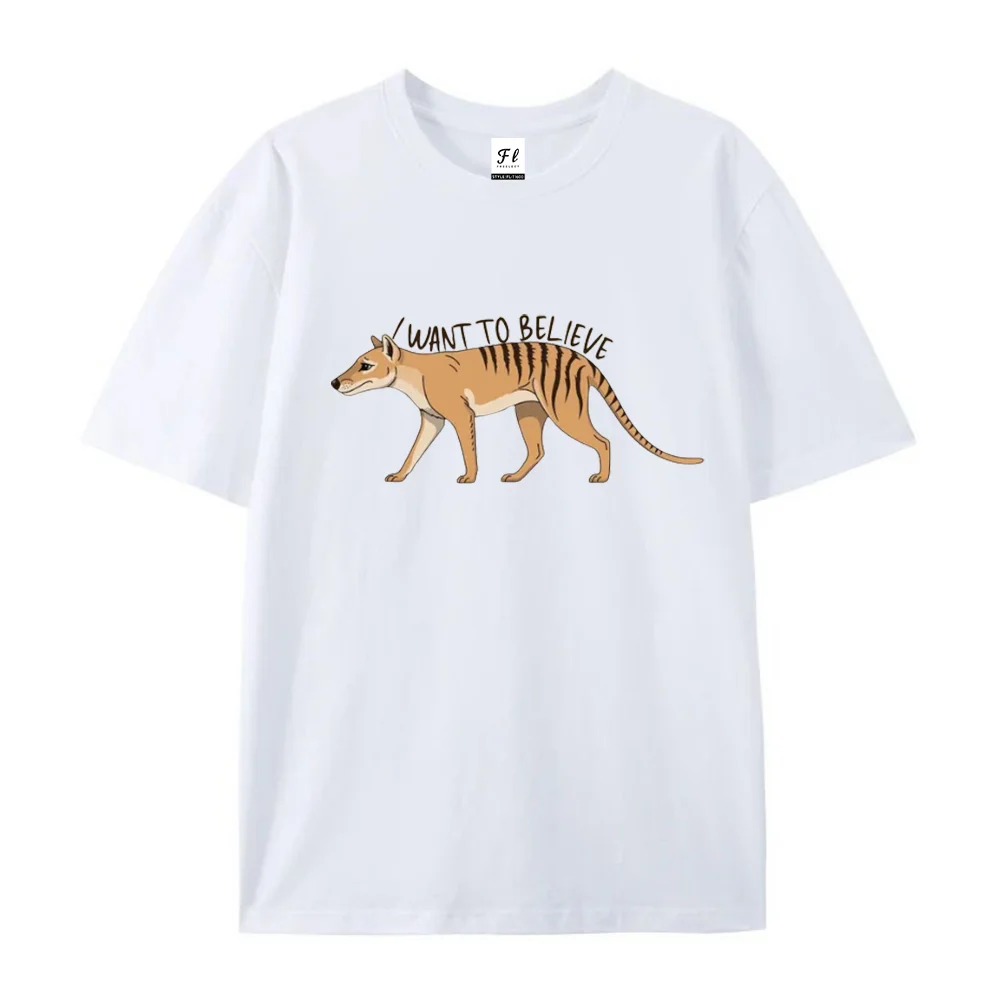 Thylacine T Shirt I Want To Believe Tasmanian Tiger Print Unisex Short Sleeve Crew Neck Casual Extinct Animal Gift Tee
