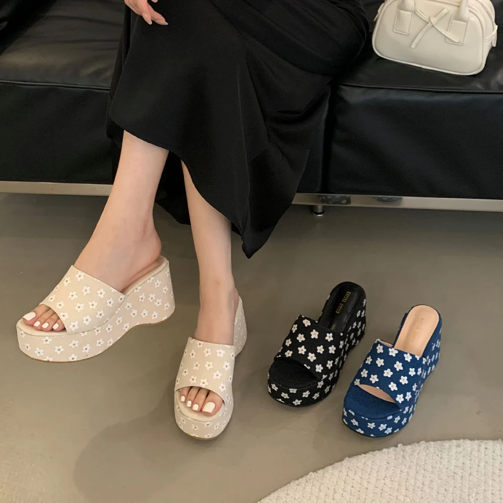 

Womens Wedge Chunky Platform Sandals Slippers Square Open Toe Slip On Summer Outdoor Mule Sunflower Print Slides High Heels