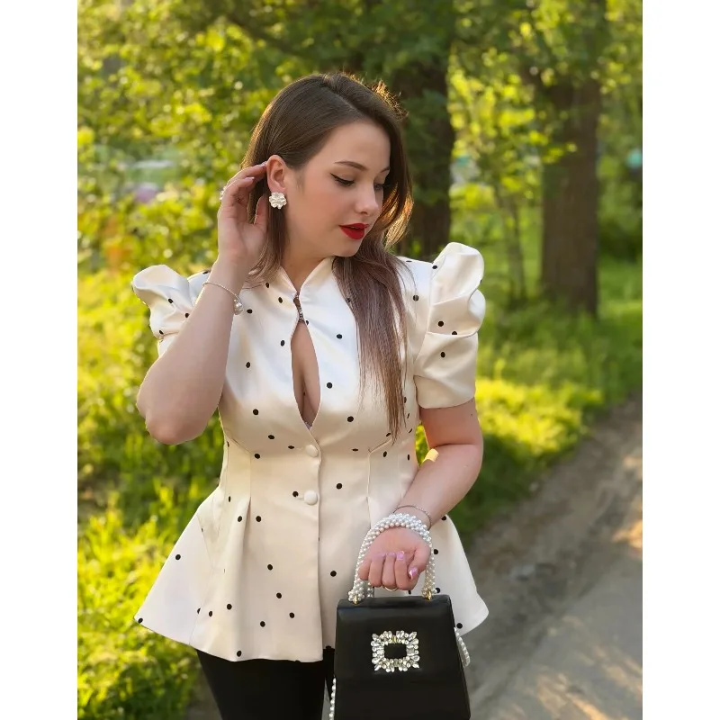 Polka Dot Blouse Women Peplum Puff Short Sleeve Satin Top Cinched Waist Stand Collar Elegant Office Commute 2026