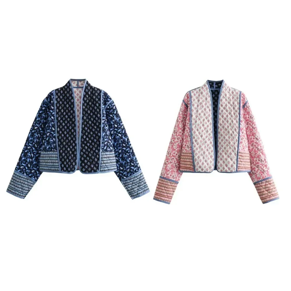 New Vintage Floral Print Coat Women Autumn Winter Cropped Jacket Warm Long Sleeve Cardigan Lightweight Jacket Two Sides Wear