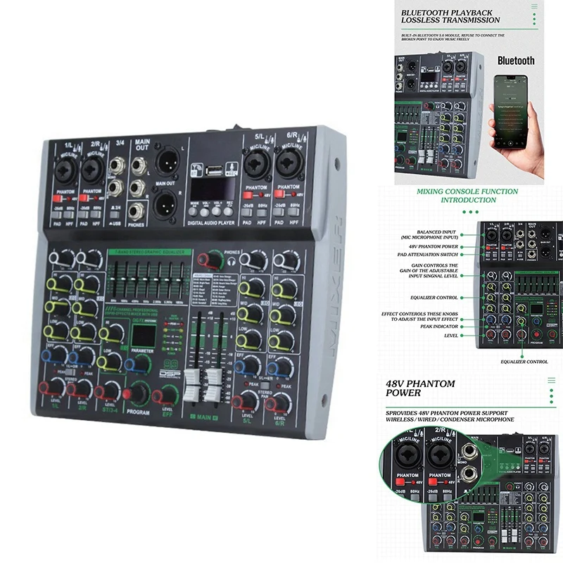 Professional Audio Mixer 6 Channel Built-In 99DSP 7-Segment Balanced Effect Bluetooth Support Recording Mixer