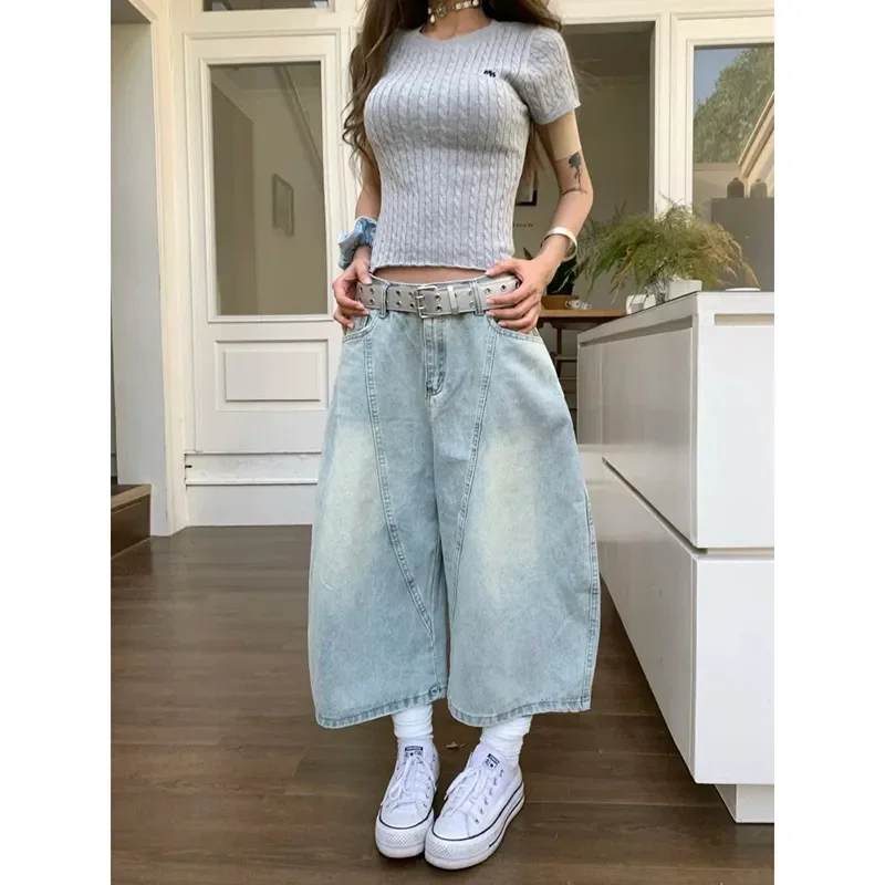 النساء الركبة طول البضائع الجينز Harajuku فضفاض واسعة الساق الدنيم بنطلون اليابانية 2000s قصيرة جان السراويل خمر الملابس كبيرة الحجم