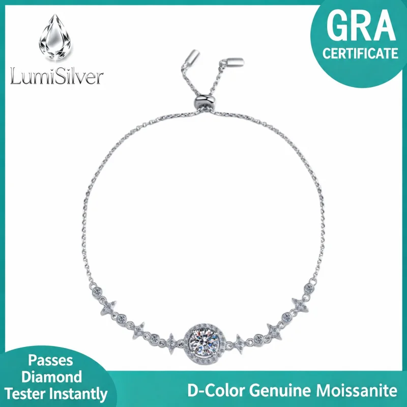Star Halo Moissanite Bolo Bracelet 925 Sterling Silver Adjustable Slider Dainty Celestial Gift for Women