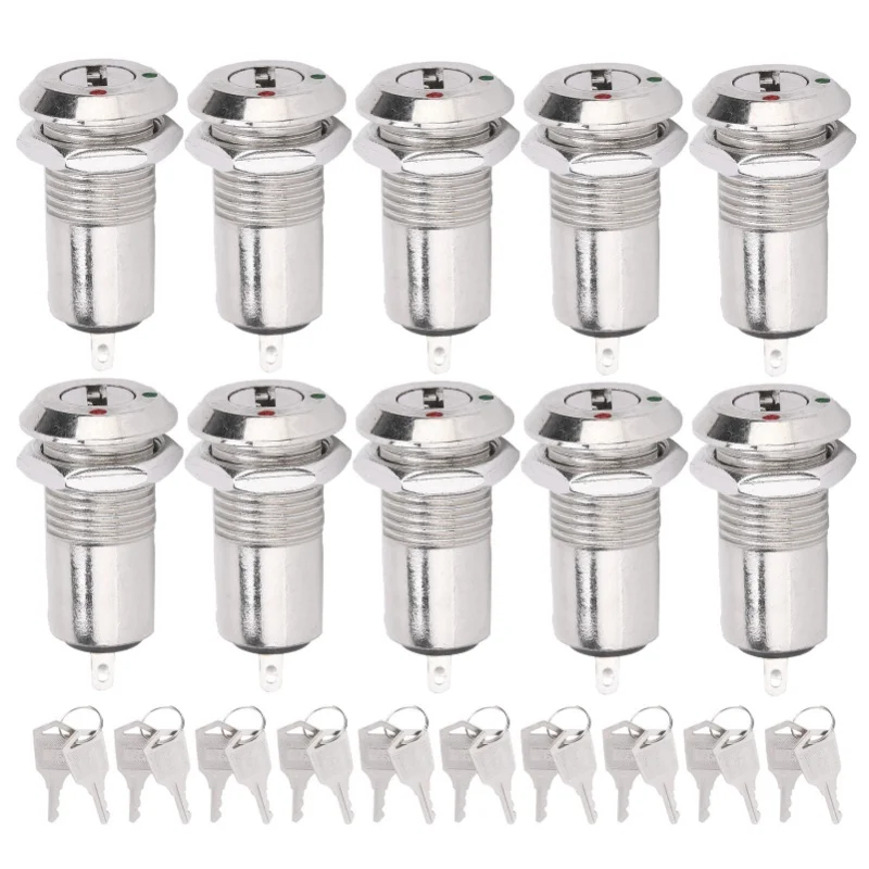 10Pcs Key Switch Barrel Metal ONOFF Power Lock Stainless Steel With Key Nut 12mm AC DC220V(Single Pull )