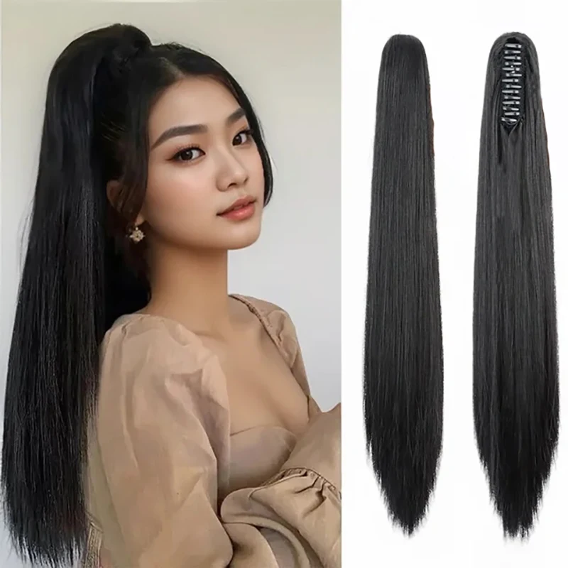 

22-дюймовые синтетические длинные прямые волосы для наращивания хвоста, заколки для наращивания волос для женщин, синтетические шиньоны