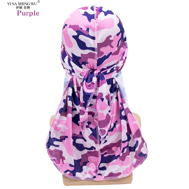 Wholesale Long Tail Silk Scarf Muslim Turban Durag Pirate Hat Mens Hip Hop Durag Caps Camouflage Print Hat Accessories Bandanas