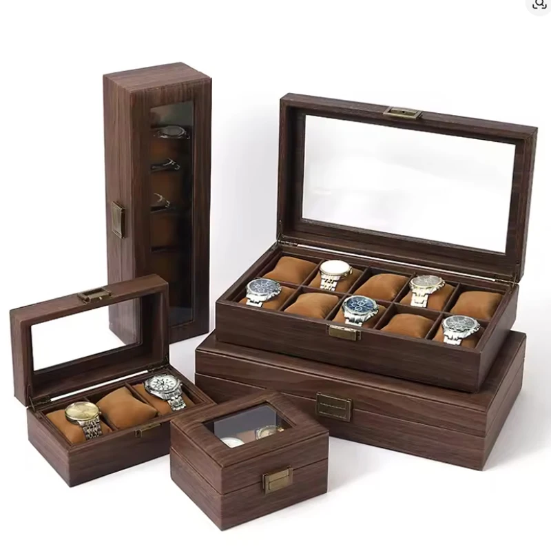 2/3/6/10/12 Slot Pu Leather Watch Box Protable Travel Watch Case Storage Vintage Wood Colour Buckle Watch Stand Jewelry Organize