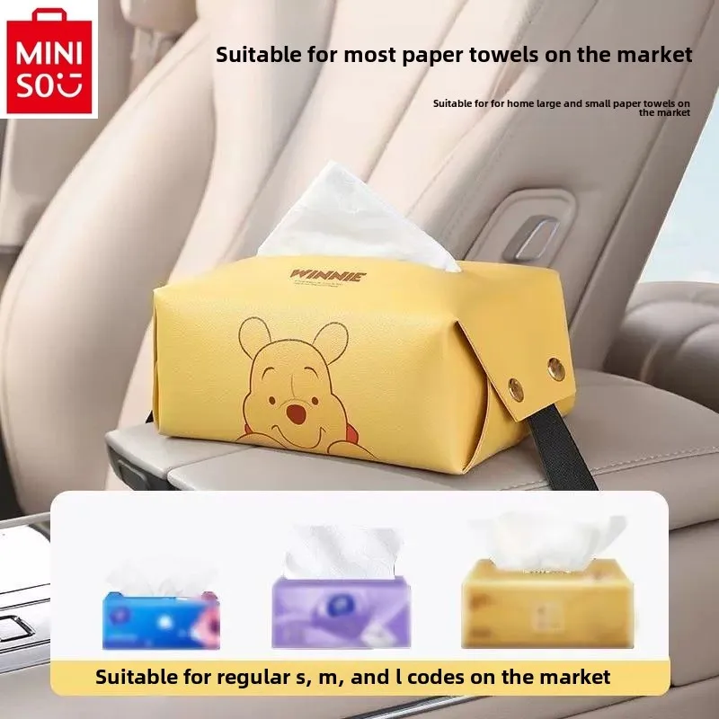 MINISO Disney Car Armrest Box Tissue Box Cover Cute Cartoon Strawberry Bear Car Hanging Paper Box Decoration Accessories